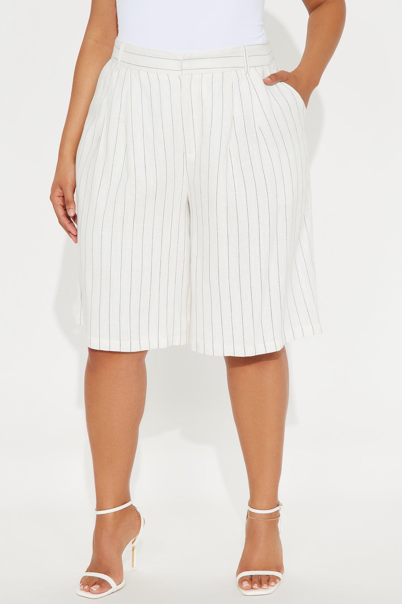 Penelope Pinstripe Linen Trouser Short - White Product Image