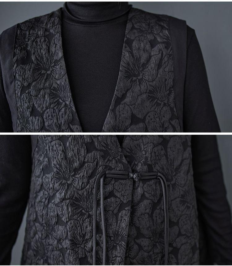 V-Neck Floral Jacquard Asymmetrical Frog Buttoned Long Vest Product Image