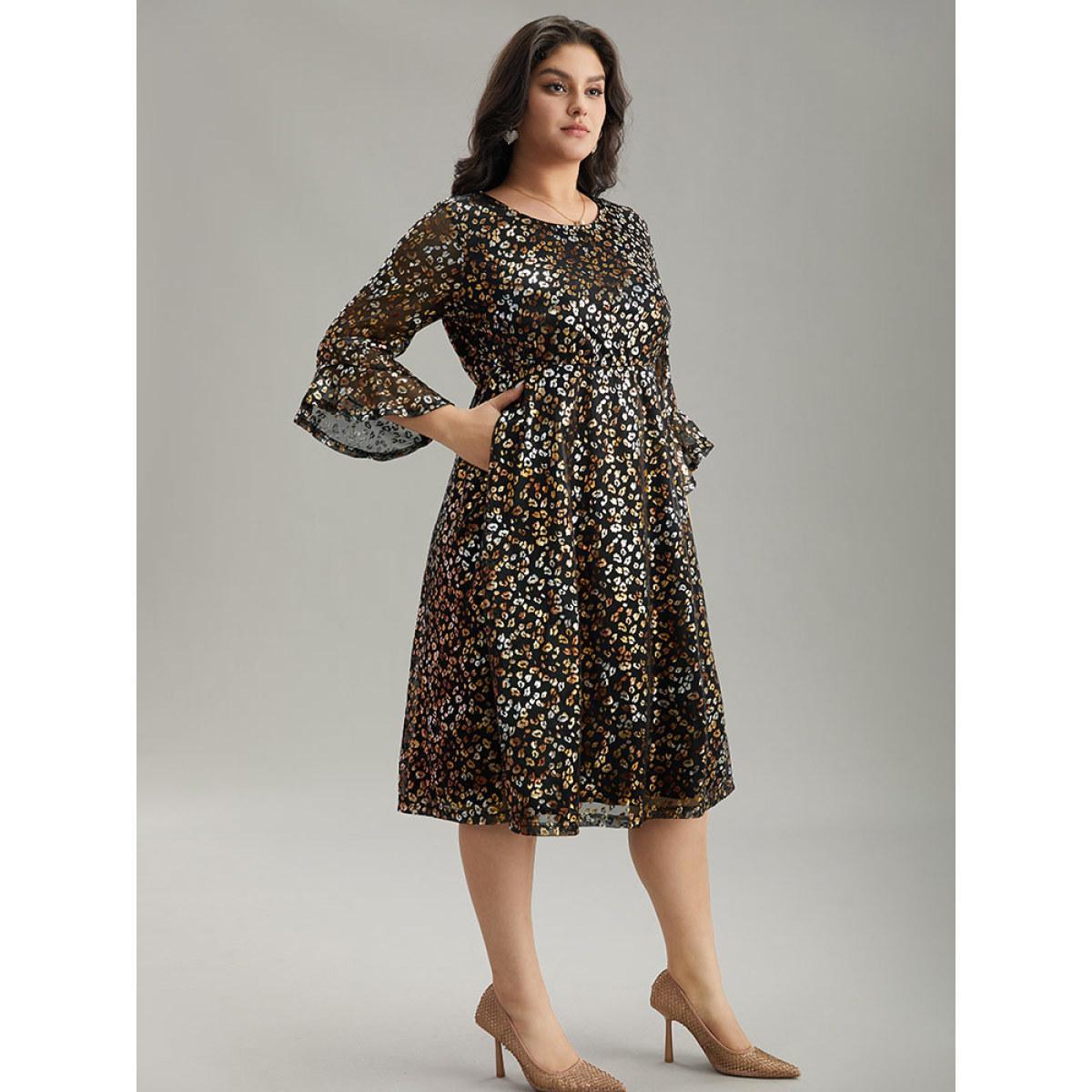 Plus Size Leopard Glitter Bell Sleeve Mesh Dress Black Women Party See through Round Neck Elbow-length sleeve Curvy Midi Dress BloomChic 26/4X Product Image