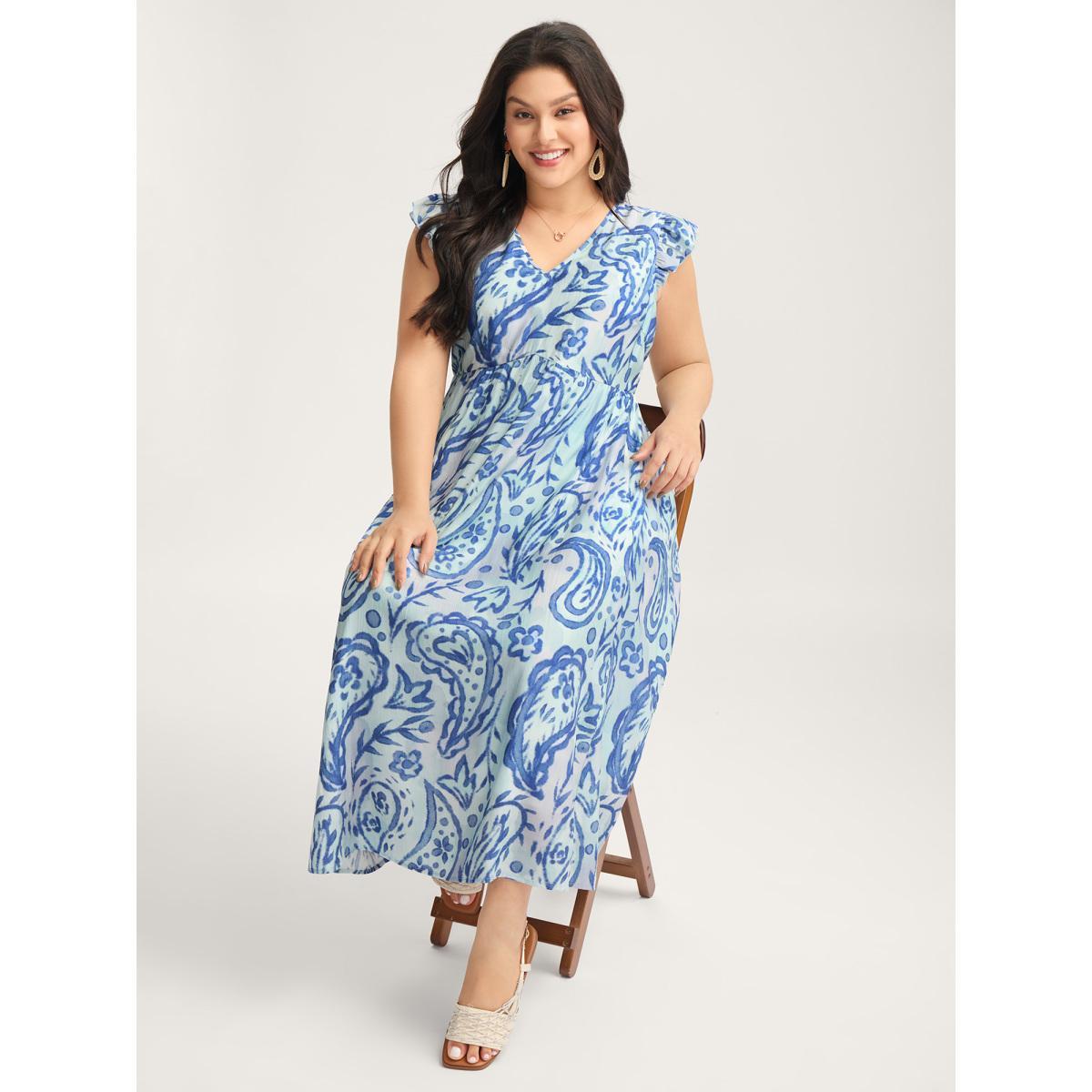 Plus Size Paisley Print Ombre Back-Tie Midi Dress Mediumblue Women V-neck Cap Sleeve Curvy BloomChic 28/5X Product Image