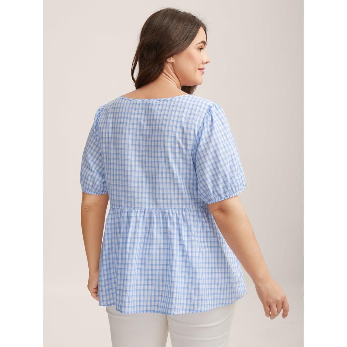 Plus Size LightBlue Bow Front Plaid Print Babydoll Top Women Short sleeve Notched collar Everyday-Casual Blouses BloomChic 28/5X Product Image