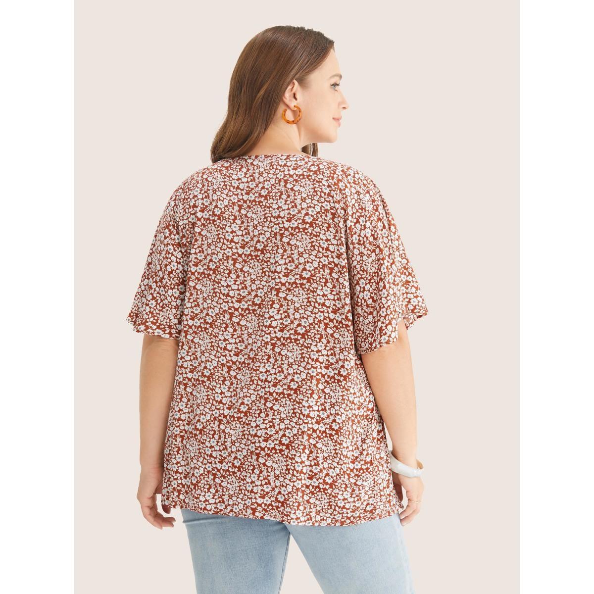 Plus Size Maroon Ditsy Floral Ruffle Sleeve Tie Neck Blouse Women Elegant Short sleeve V-neck Everyday Blouses BloomChic 10/M Product Image