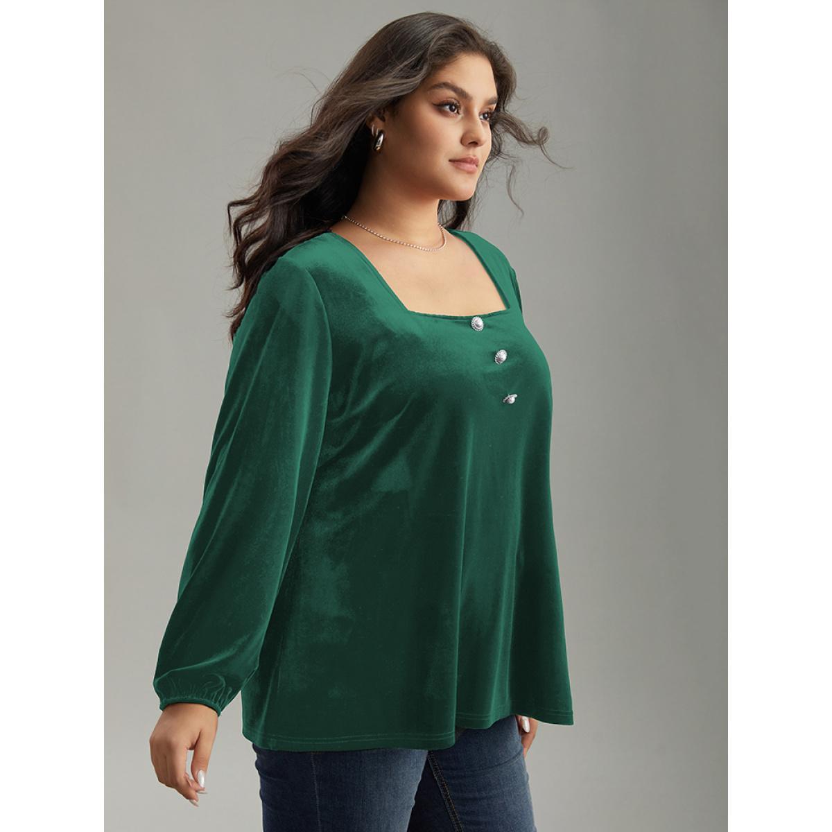 Plus Size ArmyGreen Velvet Metal Button Detail Blouse Women Elegant Long Sleeve Square Neck Dailywear Blouses BloomChic 18-20/2X Product Image
