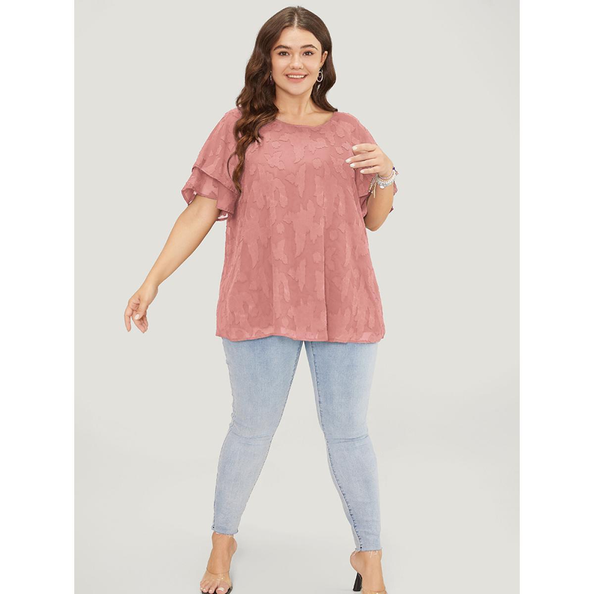 Plus Size Rouge Floral Print Ruffle Tiered Raglan Sleeve Mesh Blouse Women Elegant Short sleeve Round Neck Everyday Blouses BloomChic 12/L Product Image