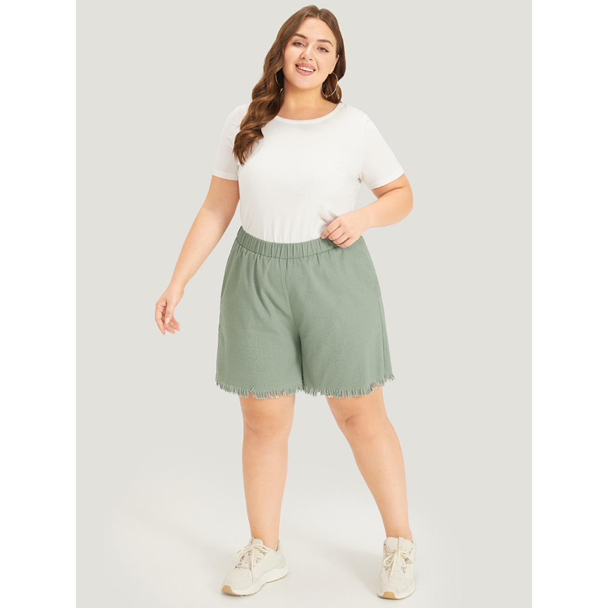 Plus Size Solid Pocket Raw Edges Elastic Waist Shorts Women Mint Casual Plain Dailywear Shorts BloomChic 30/6X Product Image