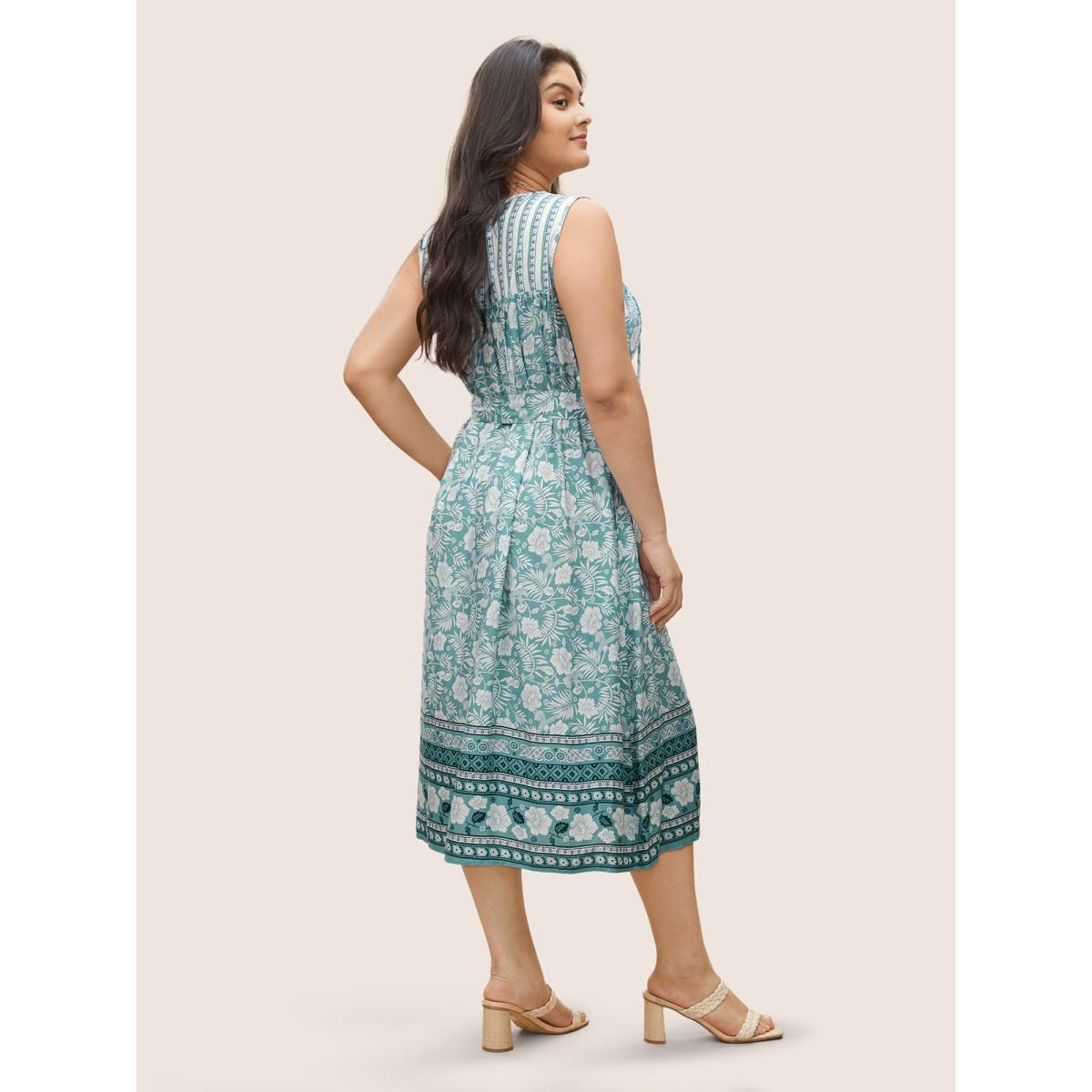 Plus Size Boho Print Tie Neck Belted Pleated Dress Turquoise Women Resort Non V-neck Sleeveless Curvy Midi Dress BloomChic 22-24/3X Product Image