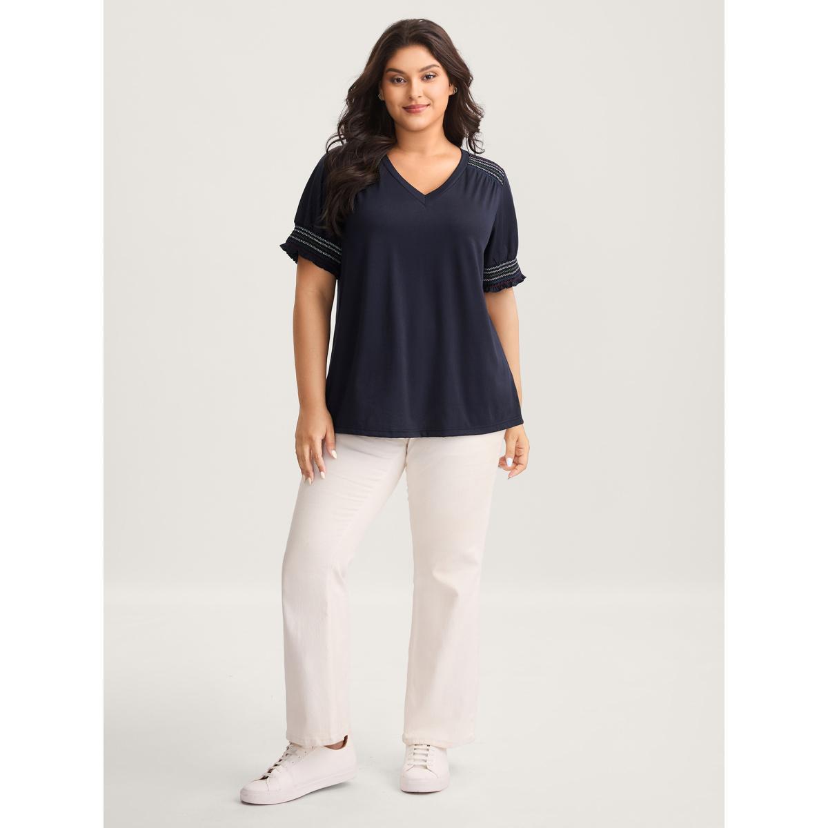 Plus Size Stretchy Colorful Spliced Shirred T-Shirt Midnight Women Shirred V-neck Everyday-Casual T-shirts BloomChic 22-24/3X Product Image