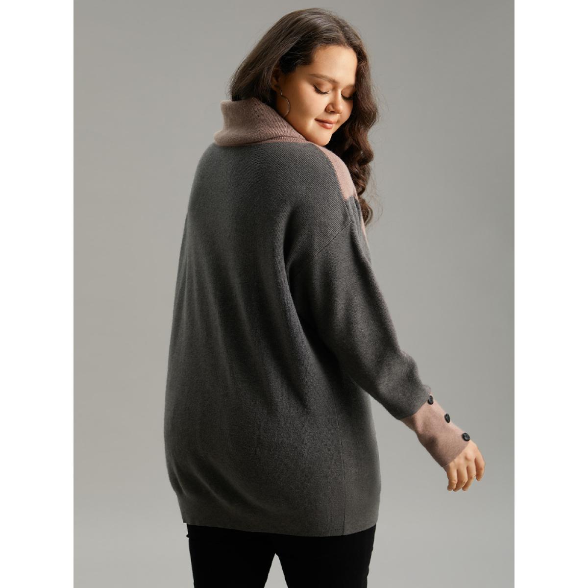 Plus Size Supersoft Essentials Turtleneck Contrast Button Detail Pullover DimGray Women Casual Loose Long Sleeve Turtleneck Dailywear Pullovers BloomChic 14-16/1X Product Image