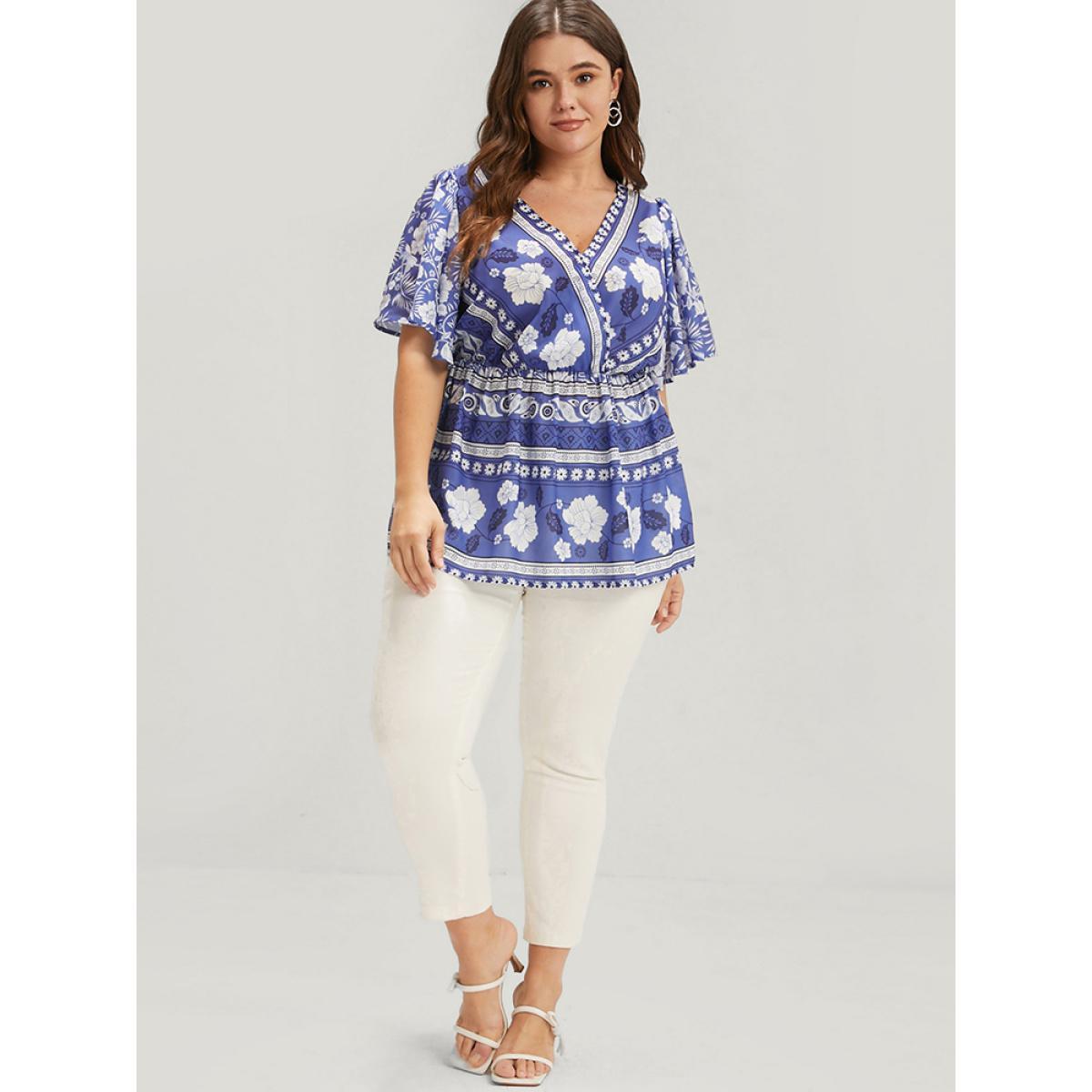 Plus Size Blue Bandana Ruffles Elastic Waist Wrap Blouse Women Vacation Short sleeve V-neck Dailywear Blouses BloomChic 30/6X Product Image