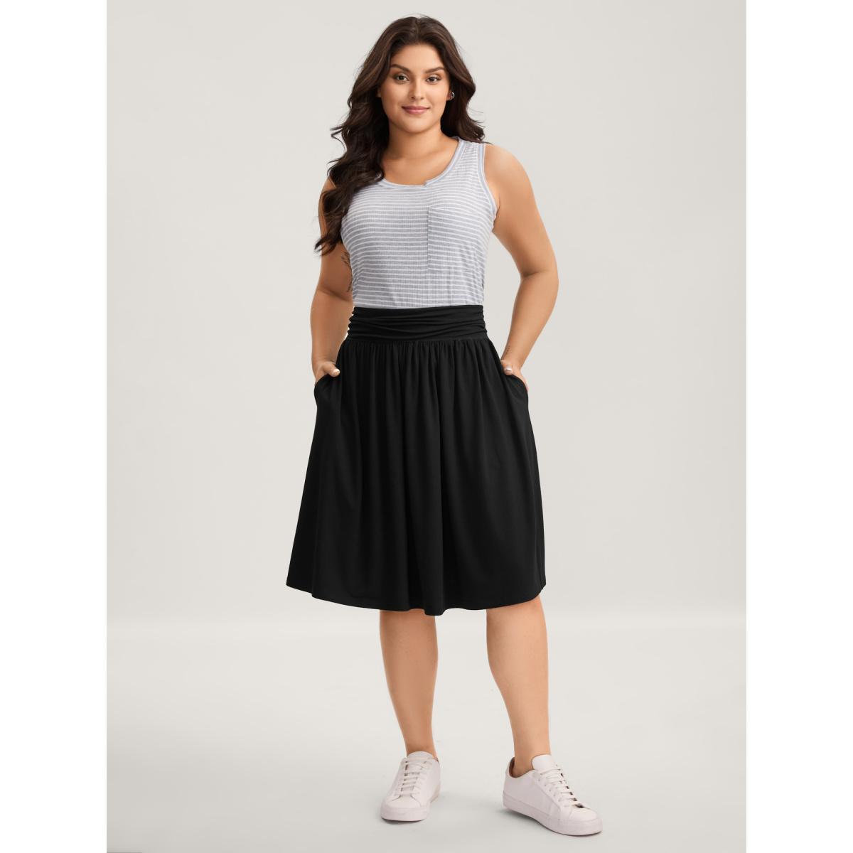 Plus Size Ruched Waist Flowy Solid Midi Skirt Women Black Casual Loose No stretch Side seam pocket Everyday-Casual Skirts BloomChic 18-20/2X Product Image