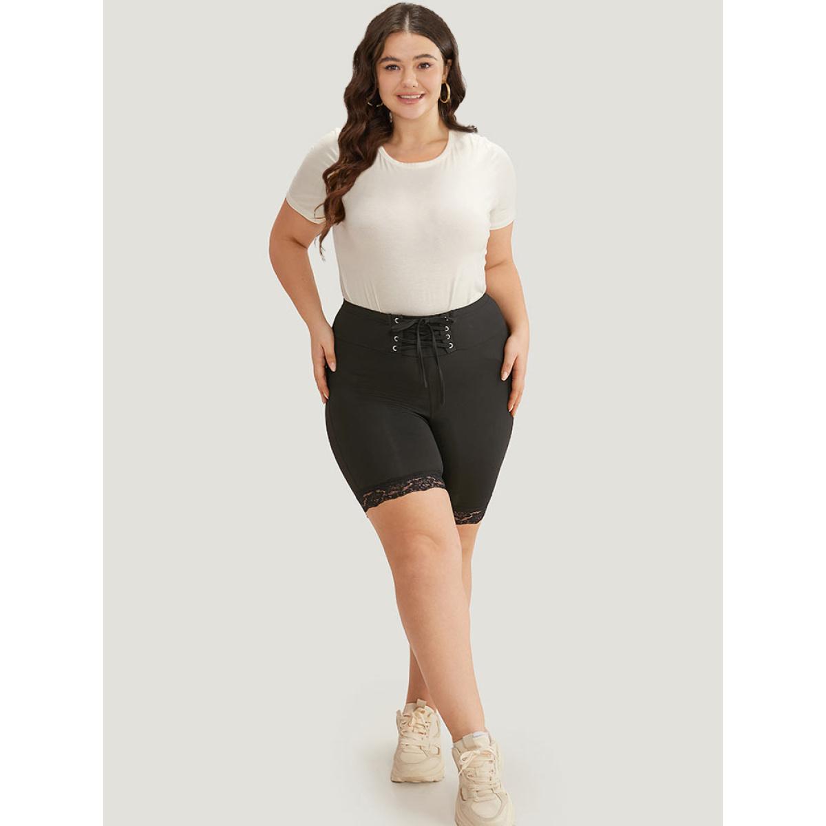 Plus Size Solid Lace Up Guipure Lace Leggings Women Black Casual High stretch Skinny Mid Rise Dailywear Leggings BloomChic 14-16/1X Product Image