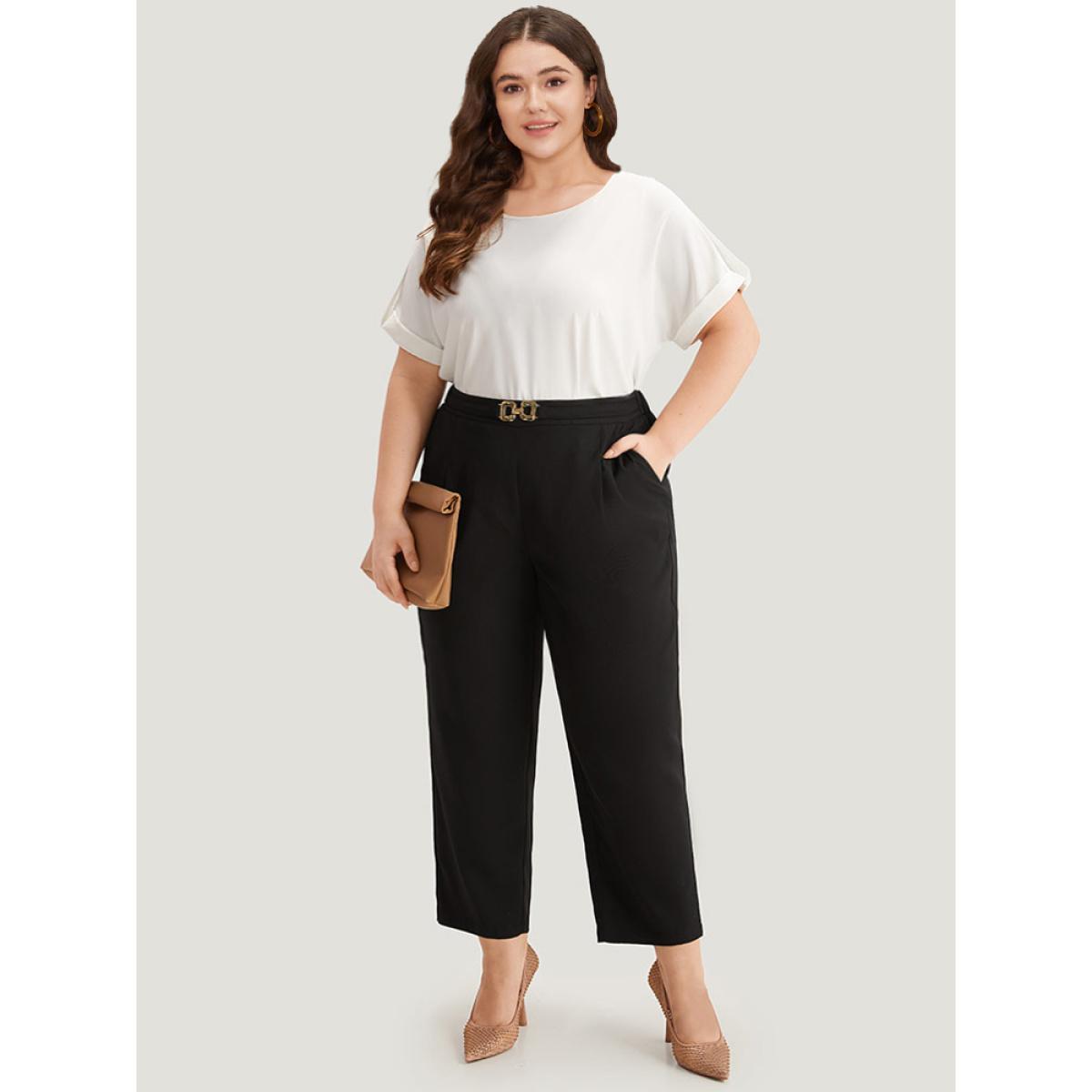 Plus Size Solid Metal Detail High Rise Straight Leg Pants Women Black Office Bodycon High Rise Work Pants BloomChic 18-20/2X Product Image