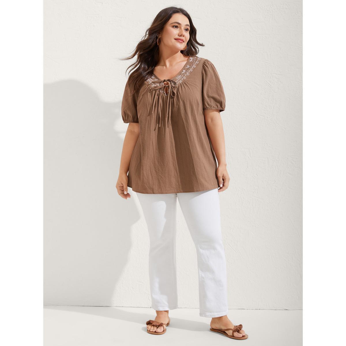 Plus Size Bronze Pure Cotton Embroidered Neck Blouse Women Short sleeve V-neck Vacation Blouses BloomChic 18-20/2X Product Image