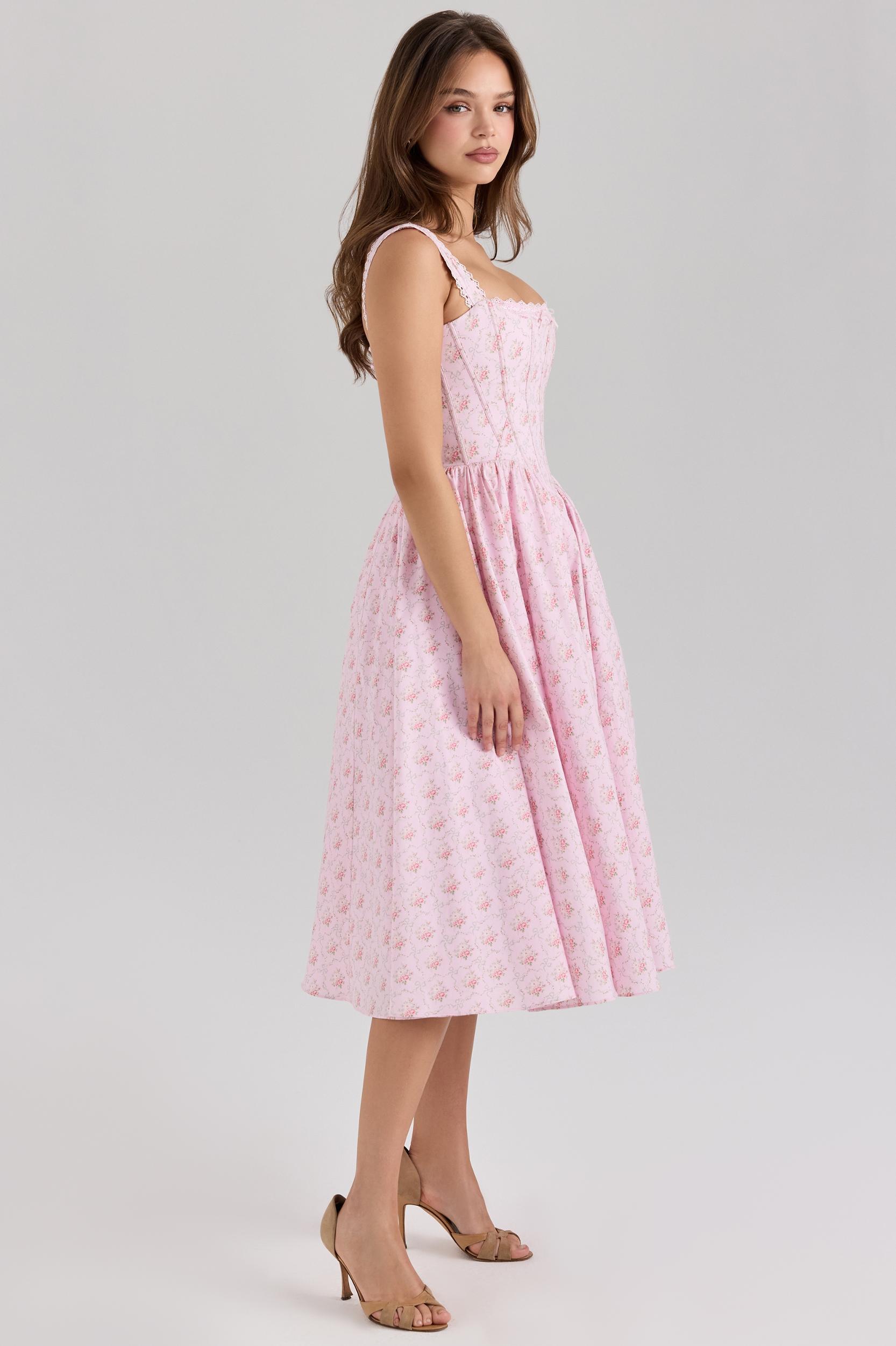 Amara  pink rose print stretch cotton corset midi dress Product Image