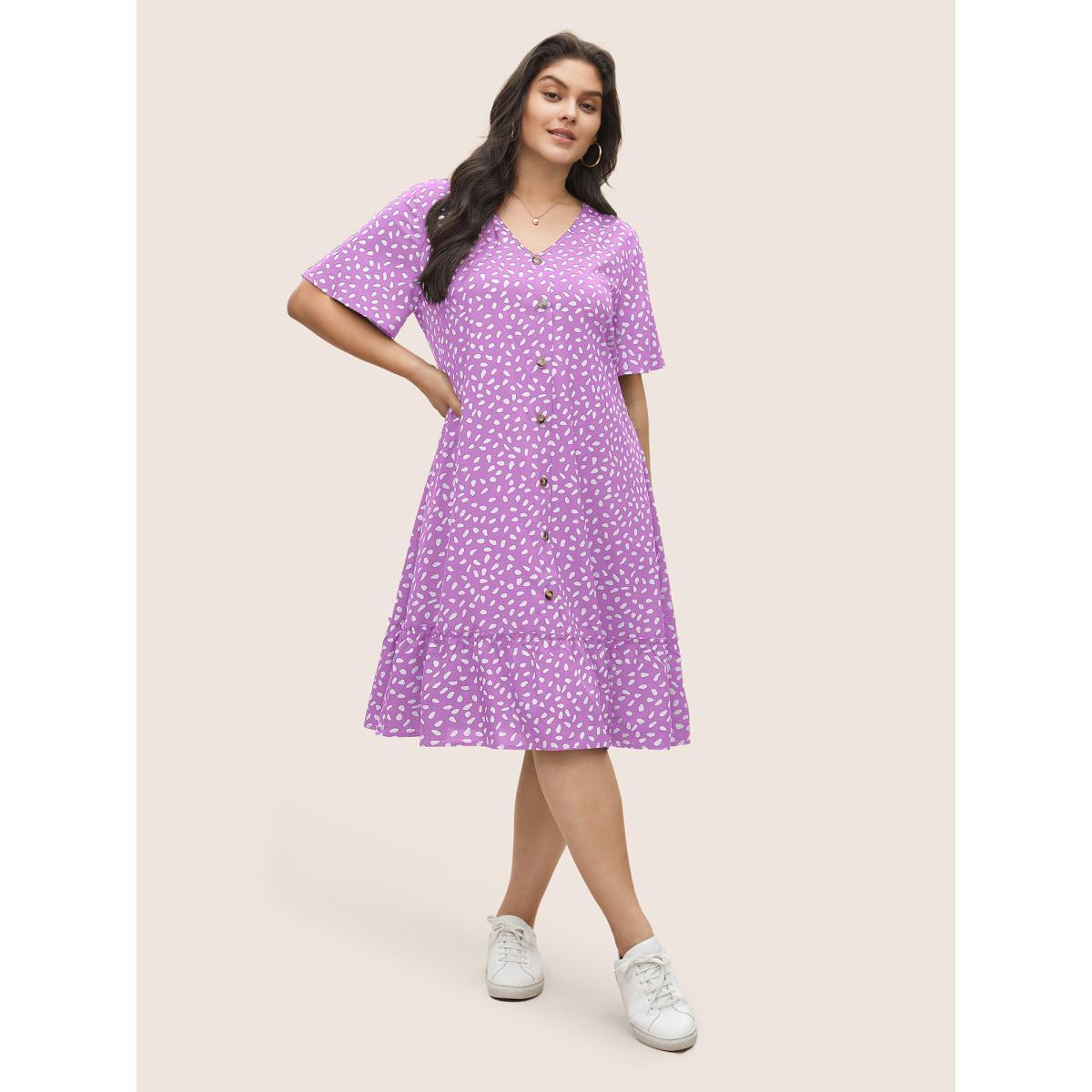 Plus Size Polka Dot Button Detail Flutter Layered Hem Dress Lilac Women Casual Non V-neck Short sleeve Curvy Midi Dress BloomChic 14-16/1X Product Image