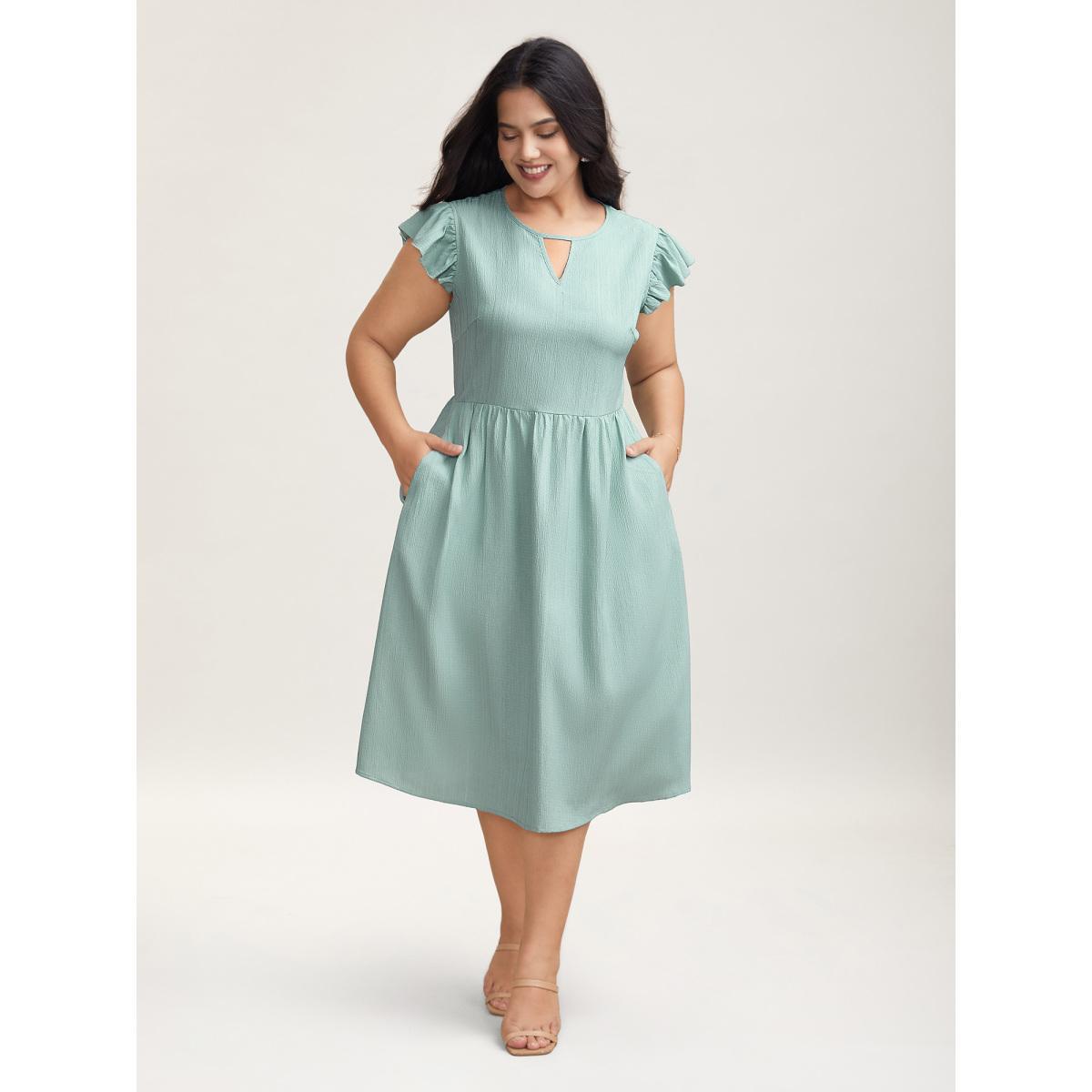 Plus Size Textured Back Cut-Out Flutter Sleeve Midi Dress Greenbean Women Elegant Woven ribbon&lace trim Round Neck Cap Sleeve Curvy BloomChic 22-24/3X Product Image