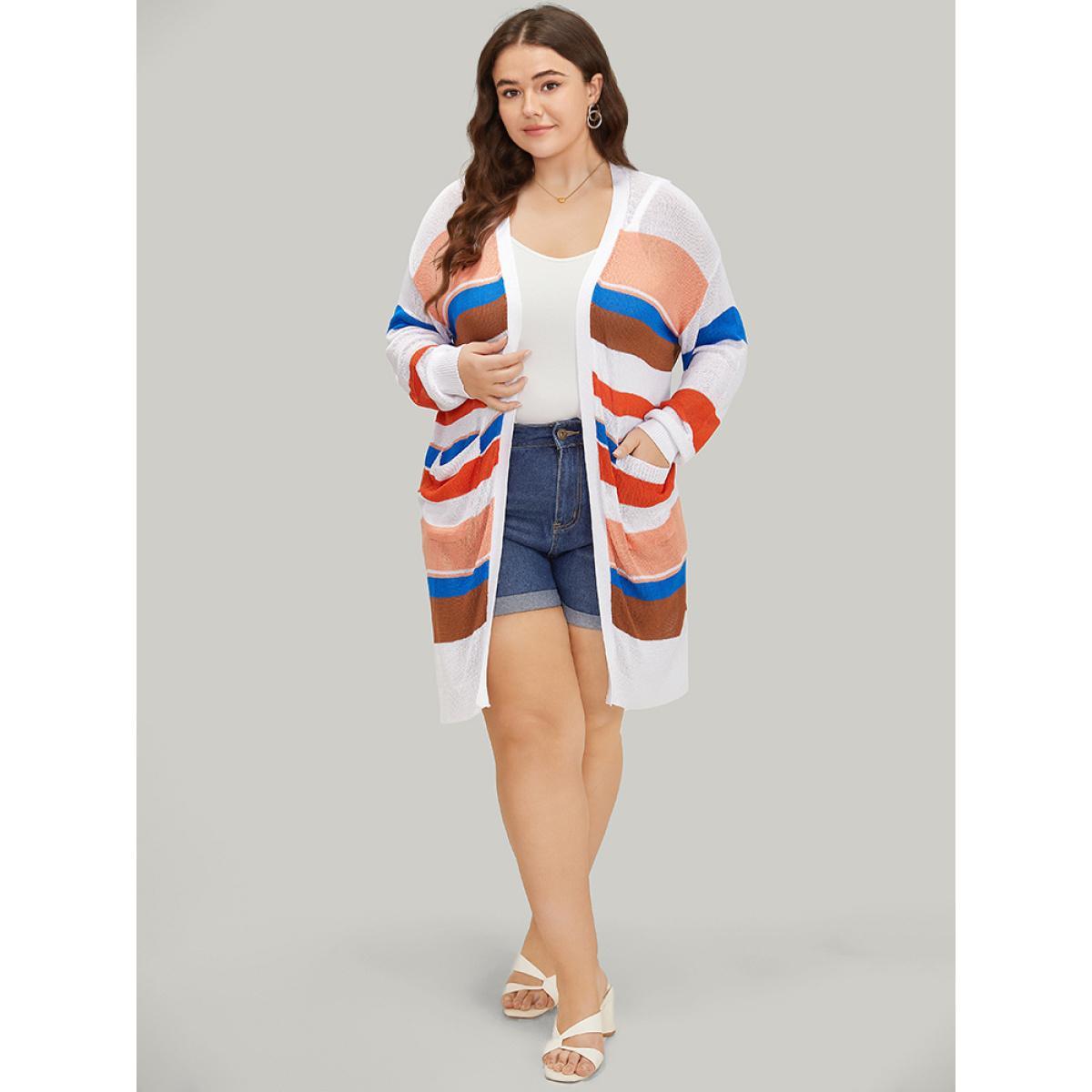 Plus Size Colorblock Contrast Pocket Tunic Open Front Cardigan Multicolor Women Casual Loose Long Sleeve Dailywear Cardigans BloomChic 14-16/1X Product Image