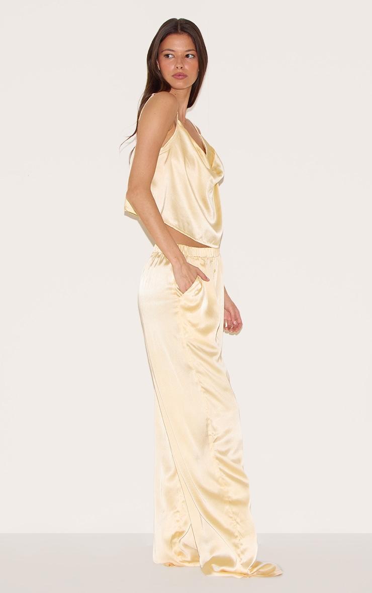 Butter Cream Satin Cowl Neck Cami And Button Pant PJ Set Product Image