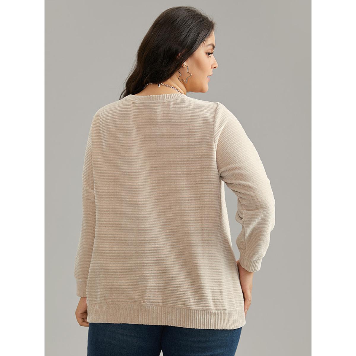 Plus Size Crew Neck Solid Textured Sweatshirt Women Apricot Casual Thick Round Neck Dailywear Sweatshirts BloomChic 22-24/3X Product Image