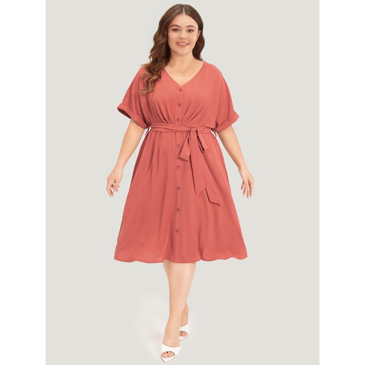 Plus Size Solid Pocket Button Detail Ties Roll Sleeve Dress Rust Women Office Plain V-neck Short sleeve Curvy Midi Dress BloomChic 10/M Product Image