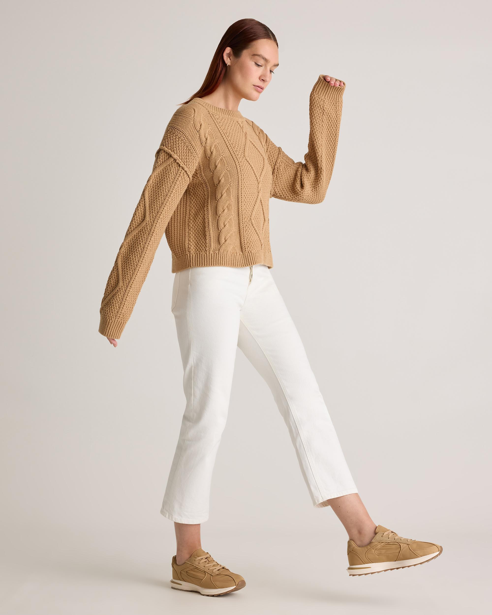Quince | Women's Cropped Cable Crew Sweater Size XS, Organic Cotton Product Image