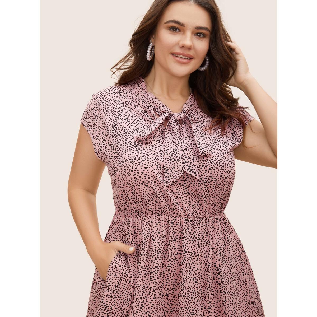 Plus Size Asymmetrical Polka Dot Tie Knot Midi Dress Beanpastepowder Women Elegant Tie knot Ribbon-tied collar Cap Sleeve Curvy BloomChic 18-20/2X Product Image