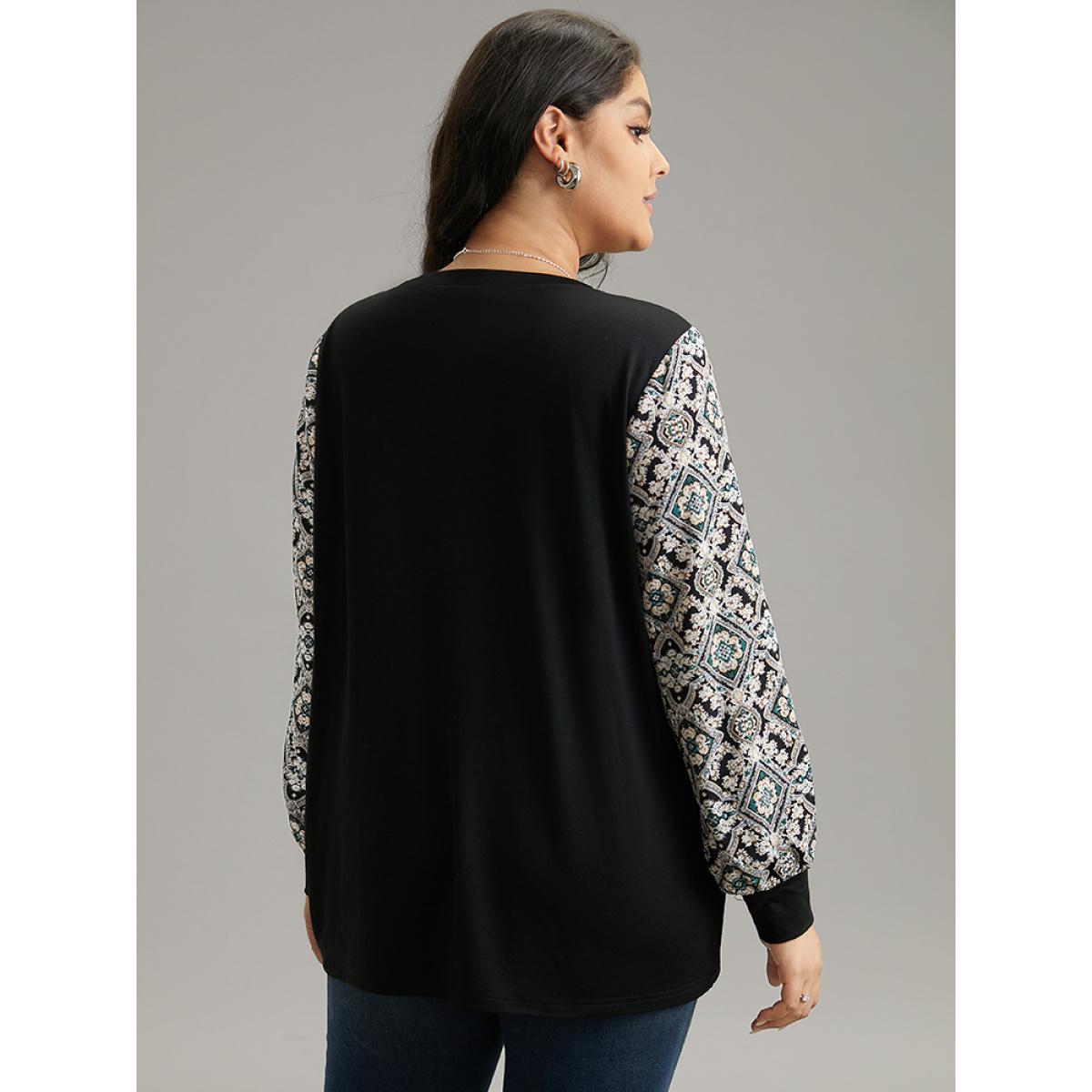 Plus Size Boho Print Patchwork Crew Neck T-shirt Black Women Elegant Printed Bohemian Print Round Neck Dailywear T-shirts BloomChic 10/M Product Image