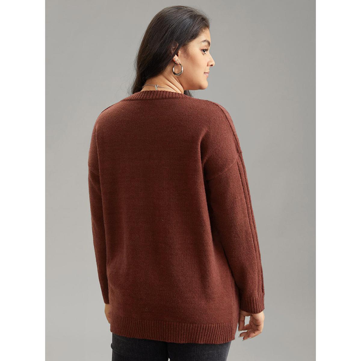 Plus Size Supersoft Essentials Solid Button Detail Knit Pullover Burgundy Women Casual Loose Long Sleeve Round Neck Dailywear Pullovers BloomChic 12/L Product Image