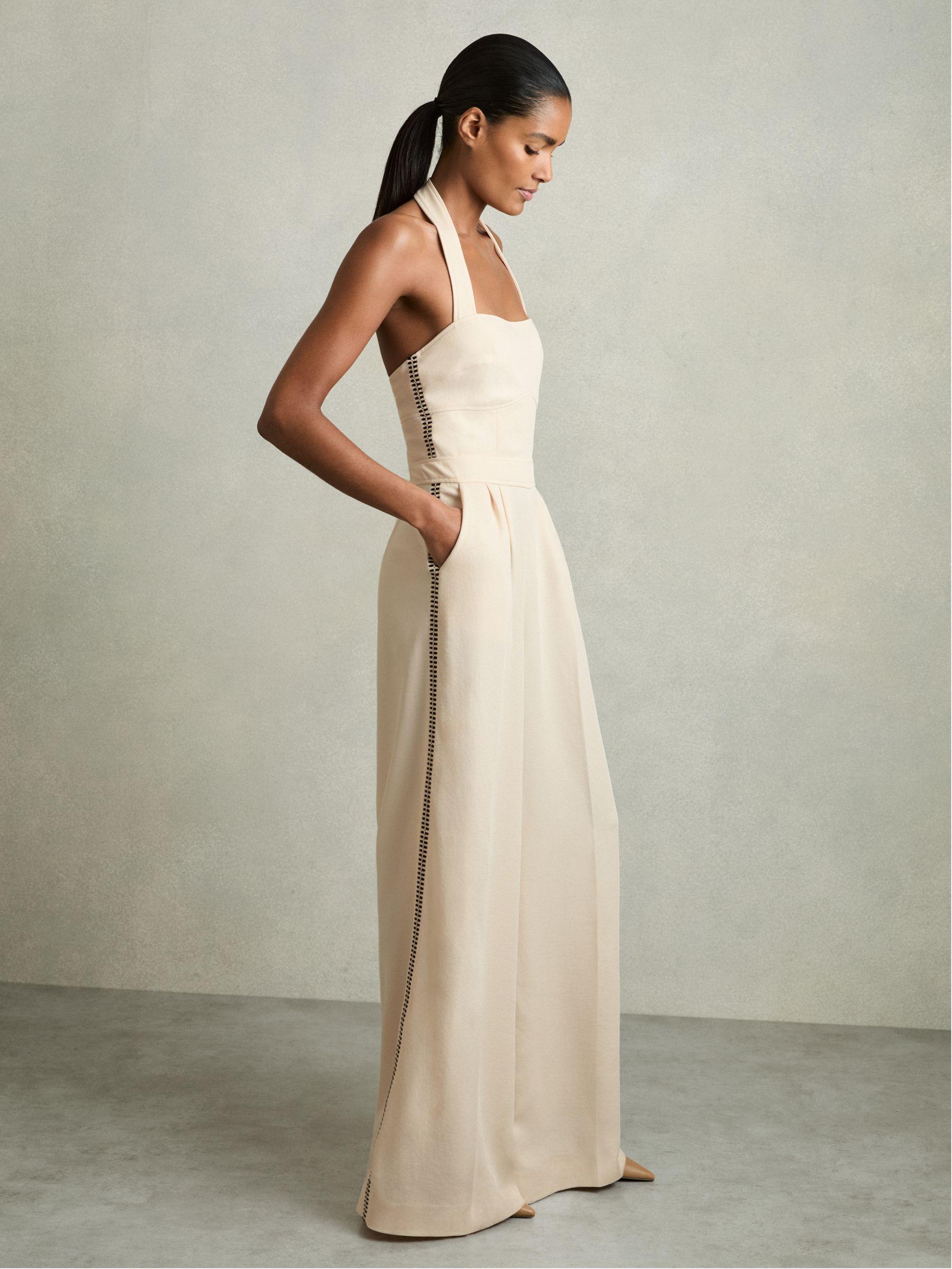 Petite Embroidery Halterneck Wide-Leg Jumpsuit in Cream Product Image