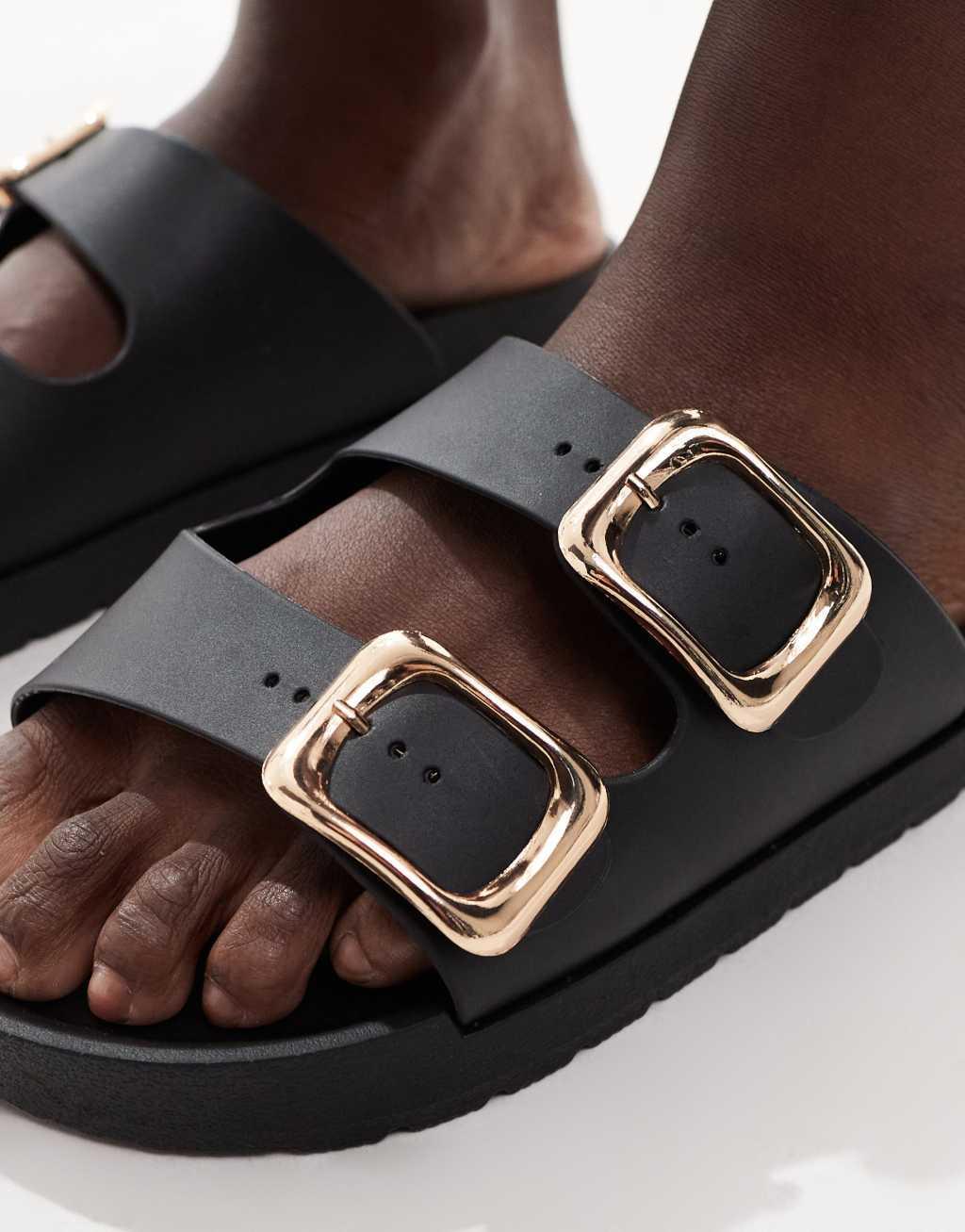 London Rebel Andi Wide Fit buckle sandals in black Product Image