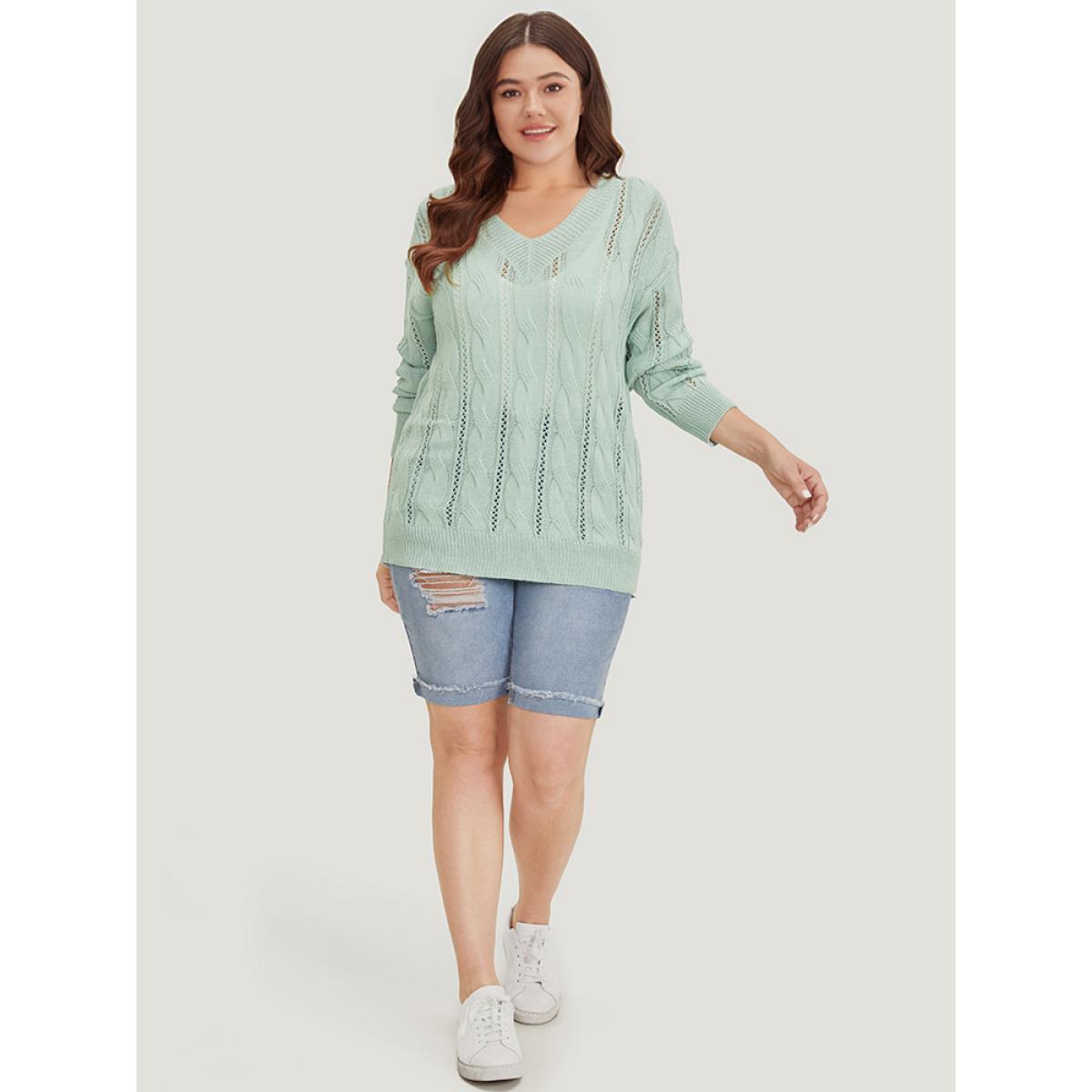 Plus Size Plain Cable Knit Drop Shoulder Pullover LightGreen Women Casual Loose Long Sleeve V-neck Dailywear Pullovers BloomChic 26/4X Product Image