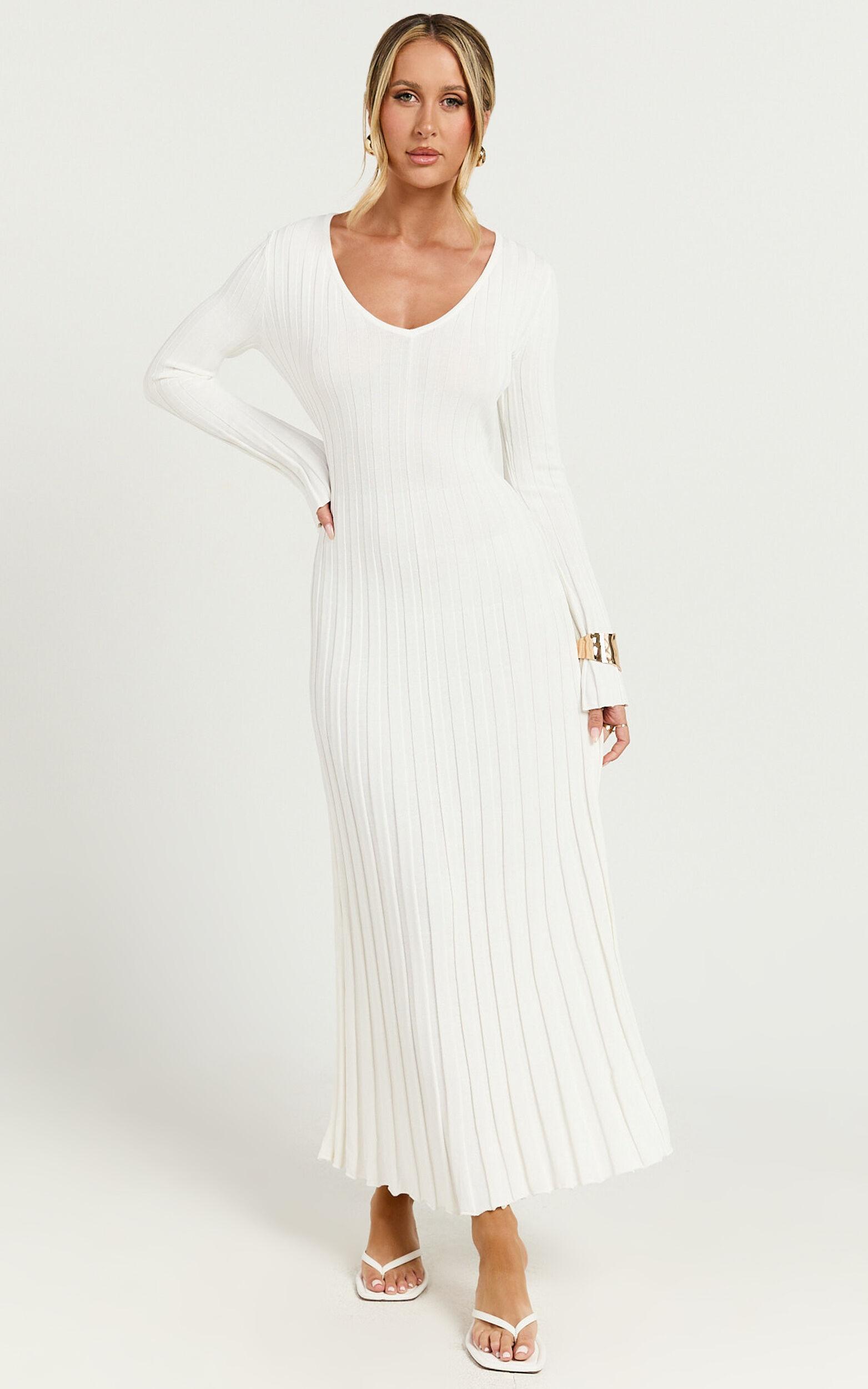 Astra Maxi Dress - V Neck Long Sleeve Knit Dress in White Product Image