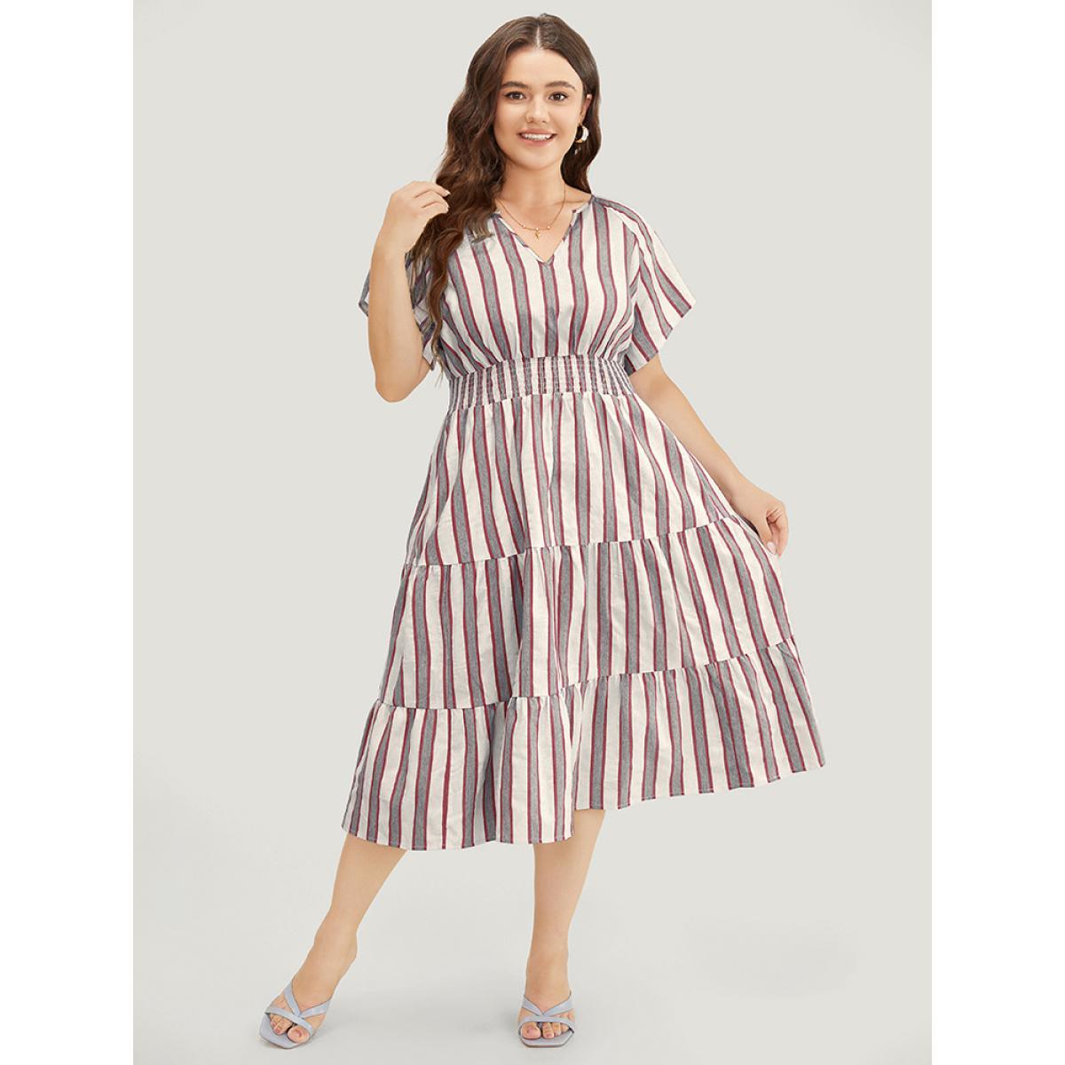 Plus Size Striped Contrast Pocket Shirred Flutter Tiered Dress Burgundy Women Resort Non V-neck Short sleeve Curvy Midi Dress BloomChic 10/M Product Image