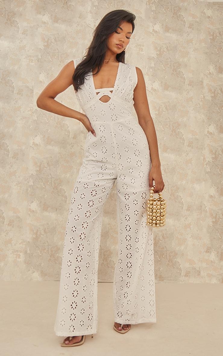White Broderie Anglaise Tie Bust Sleeveless Jumpsuit Product Image