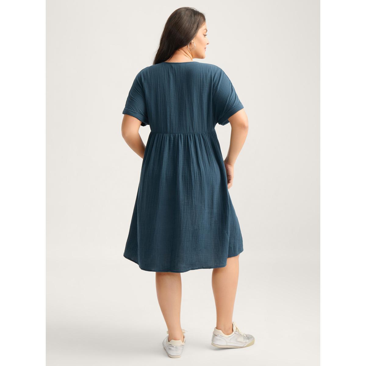 Plus Size Pure Cotton Lace V-Neck Solid Midi Dress Aegean Women Woven ribbon&lace trim V-neck Short sleeve Curvy BloomChic 22-24/3X Product Image