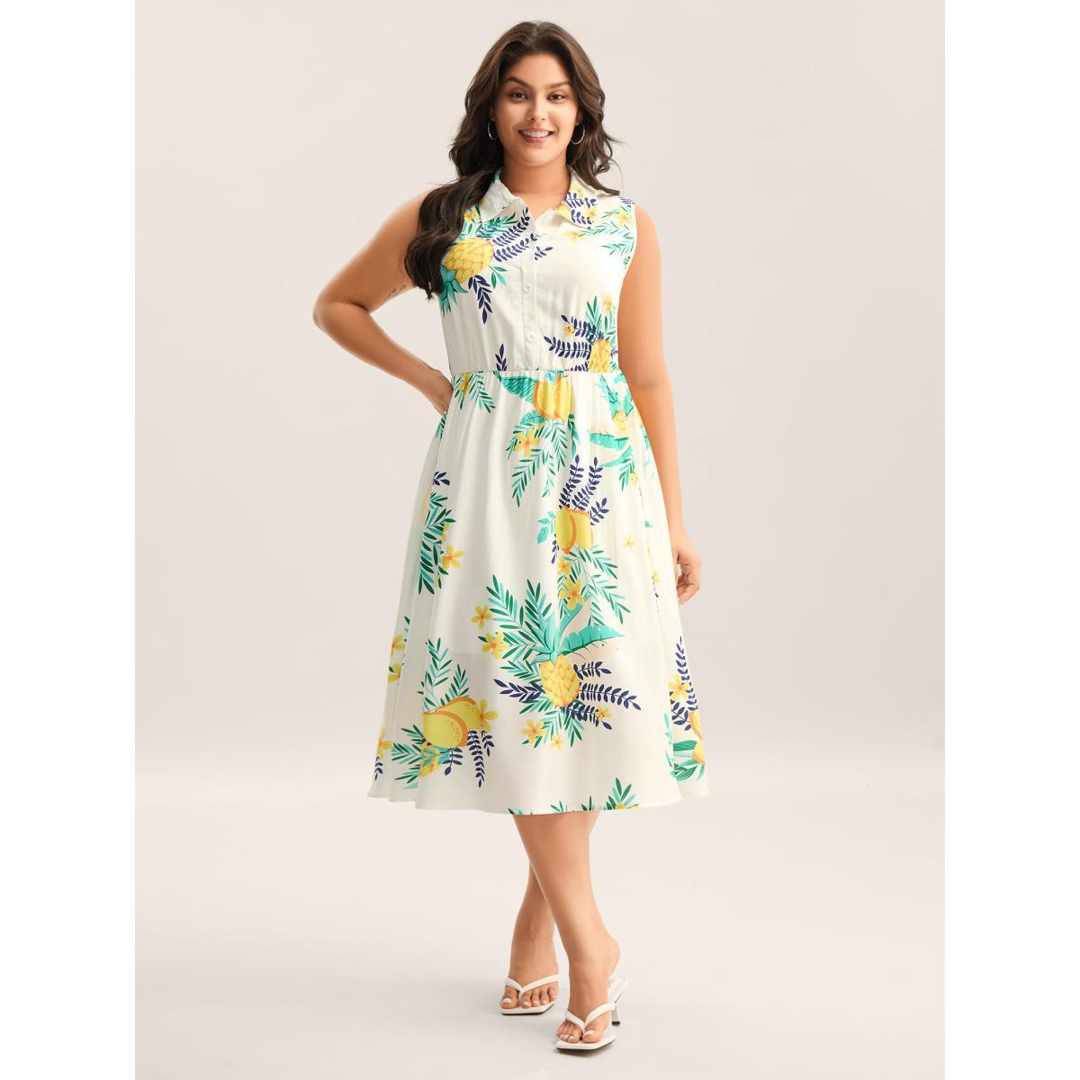 Plus Size Rayon Fruit Print Collar Pockets Midi Dress Emerald Women Shirt collar Sleeveless Curvy BloomChic 26/4X Product Image