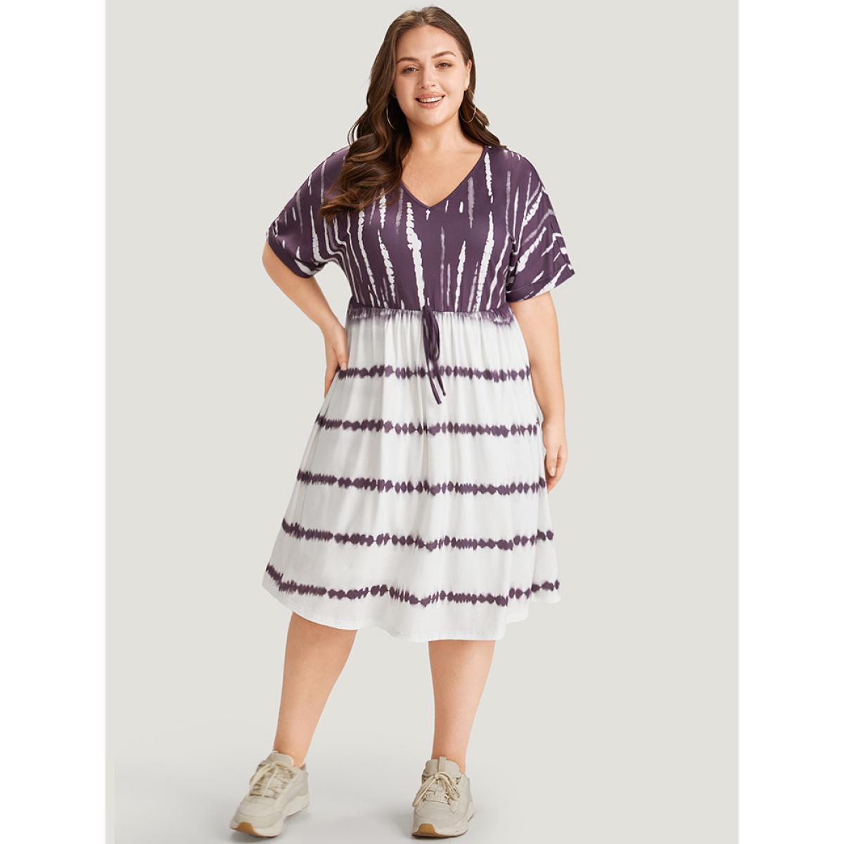 Plus Size Tie Dye Batwing Sleeve Pocket Knot Front Dress Mauve Women Casual Lined V-neck Short sleeve Curvy Midi Dress BloomChic 14-16/1X Product Image