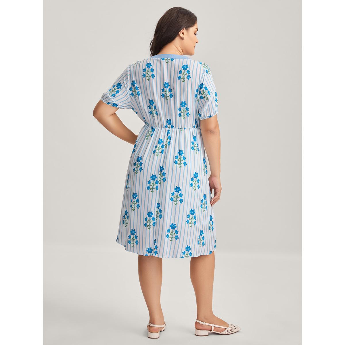 Plus Size Stripe Floral Notched Neck Tie Midi Dress Skyblue Women Notched collar Short sleeve Curvy BloomChic 12/L Product Image