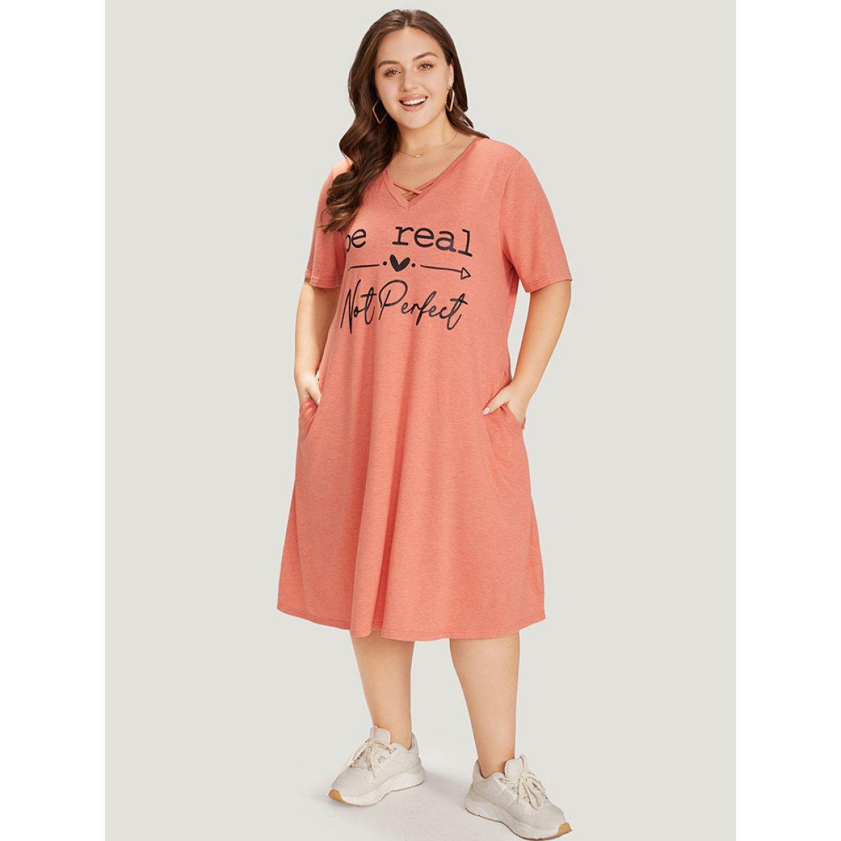 Plus Size Supersoft Essentials Letter Print Pocket Crisscross Neck Dress Coral Women Casual Plain Curvy Midi Dress BloomChic 30/6X Product Image