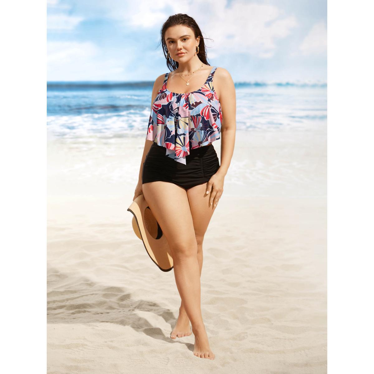 Plus Size U Neck Contrast Floral Tiered Ruffles Swim Top Women's Swimwear Indigo Beach Gathered High stretch Bodycon U-neck Curve Swim Tops BloomChic 10/M Product Image
