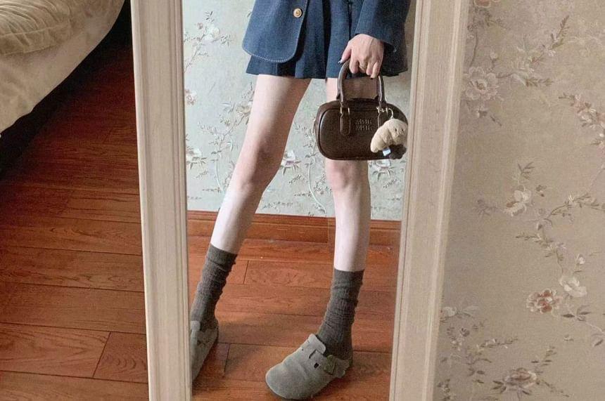 Short-Sleeve Round Neck Plain Cable Knit  Top / Single-Breasted Blazer / High Waist Pleated Mini A-Line Skirt / Set Product Image