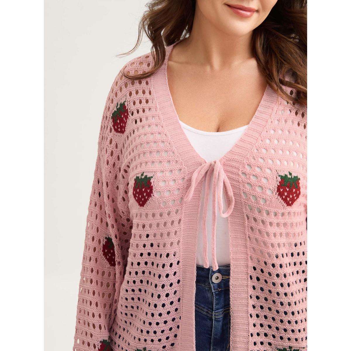 Plus Size Strawberry Jacquard Embroidery Tie Knit Cardigan Nudepink Women Loose Long Sleeve Everyday-Casual Cardigans BloomChic 22-24/3X Product Image