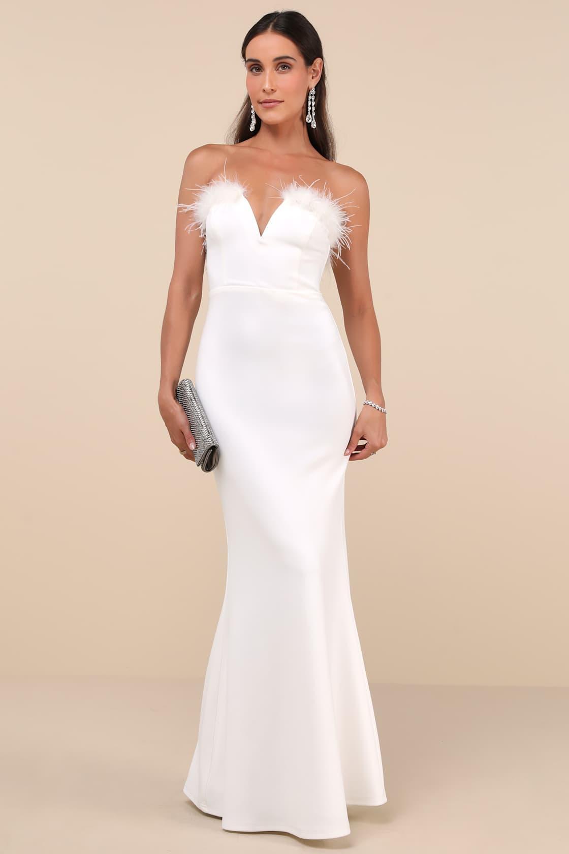 Extraordinary Glam White Feather Strapless Mermaid Maxi Dress Product Image