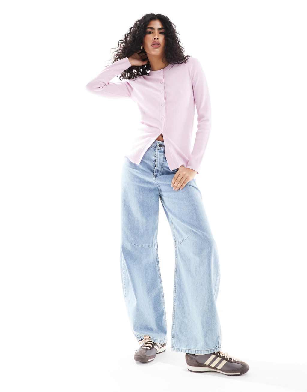ASOS DESIGN crew neck longline cardigan in pink Product Image