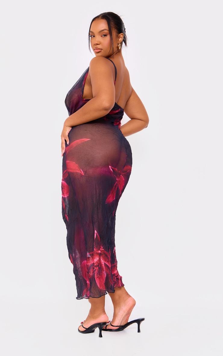 Plus Dark Purple Large Floral Print Crinkle Mesh Cowl Neck Midi Dress Product Image
