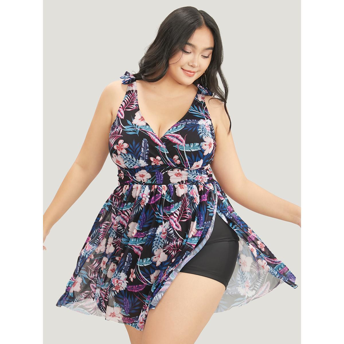 Plus Size Tropical Print Bow Sculpt Waist Split Swim Dress Women's Swimwear Purple Vacation Bodycon V-neck High stretch Curve Swim Dresses BloomChic 18-20/2X Product Image