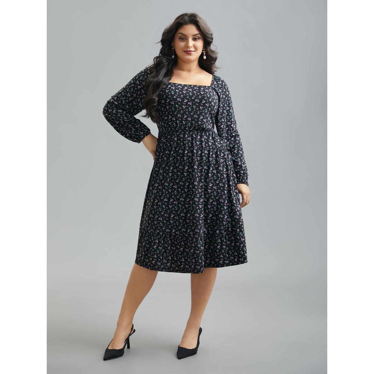 Plus Size Square Neck Ditsy Floral Elastic Waist Dress BlackFlower Women Elegant Non Knit Dresses Bloomchic 22-24/3X Product Image
