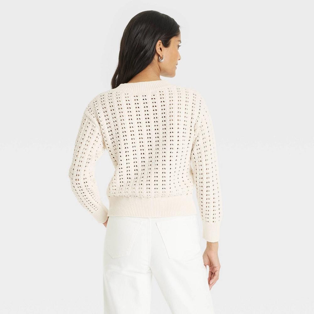 Womens Openwork V-Neck Pullover Sweater - Universal Thread Cream XS Product Image