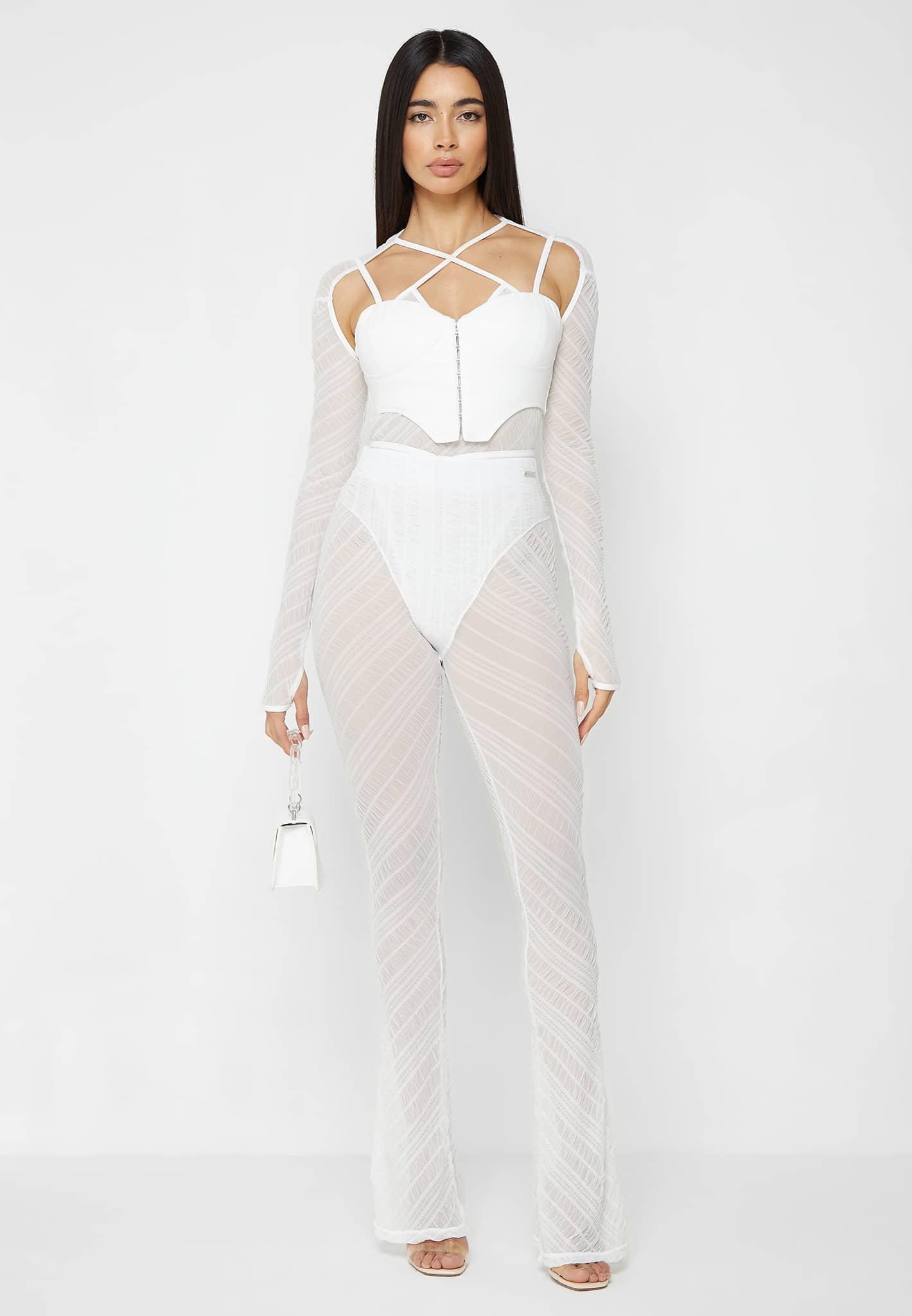 Sheer Bodysuit with Vegan Leather Corset - White / White / WMN3163-02 Product Image