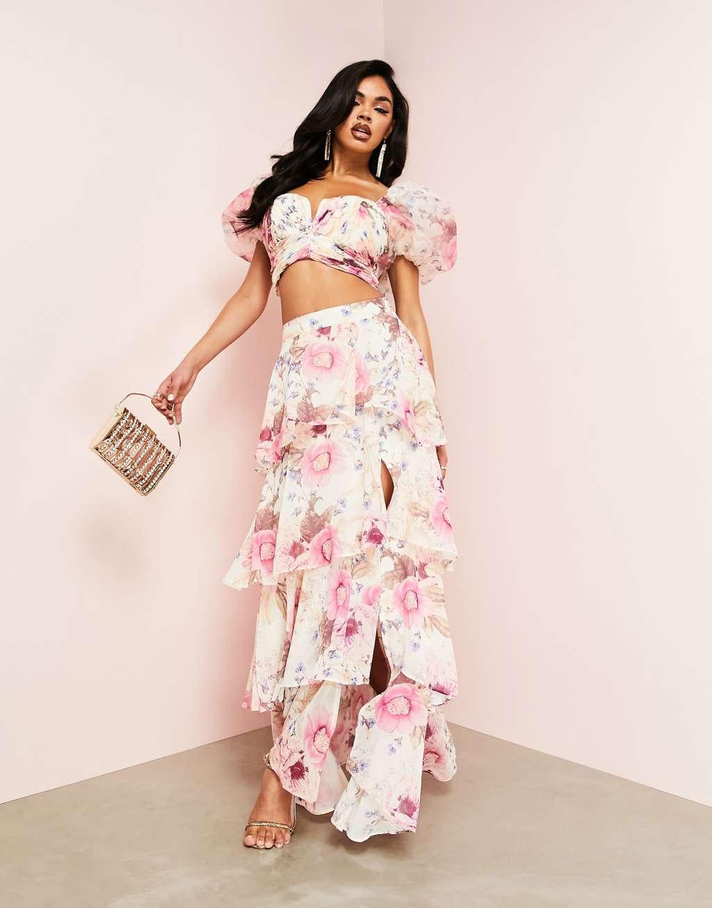 ASOS LUXE ruched wrap tiered maxi skirt Product Image
